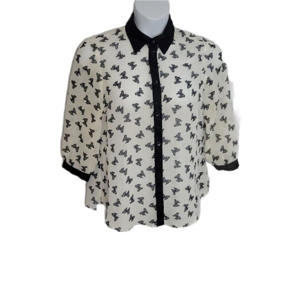 VINTAGE 90s Y2K blouse white sheer button up butterfly shirt 10 - Picture 1 of 11